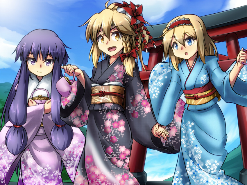 3girls alice_margatroid bag black_dress blonde_hair blue_dress blue_eyes blue_sky braid cloud commentary_request day dress floral_print flower furisode hair_flower hair_ornament hair_ribbon hairband handbag hatsumoude holding_hands japanese_clothes kanzashi kimagure_ringo kimono kirisame_marisa long_hair long_sleeves multiple_girls new_year obi open_mouth partial_commentary patchouli_knowledge purple_dress purple_eyes purple_hair ribbon sash short_hair sky smile torii touhou yellow_eyes