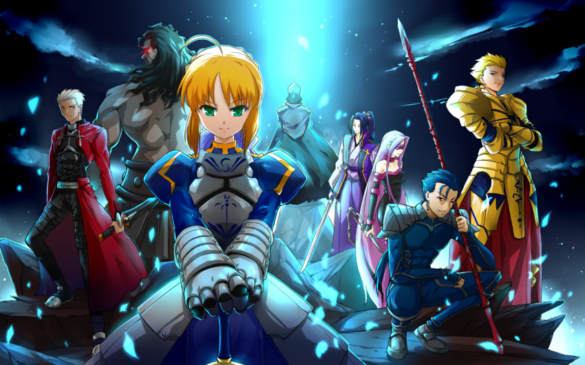 3girls 4boys ahoge archer_(fate) armor armored_dress artoria_pendragon_(fate) commentary_request cu_chulainn_(fate) cu_chulainn_(fate/stay_night) dress fate/stay_night fate_(series) gae_bolg_(fate) gauntlets gilgamesh_(fate) hands_on_hilt heracles_(fate) kanshou_&_bakuya_(fate) medea_(fate) medusa_(fate) medusa_(rider)_(fate) monohoshizao multiple_boys multiple_girls polearm reverse_grip saber_(fate) sasaki_kojirou_(fate) spear sword vlan weapon