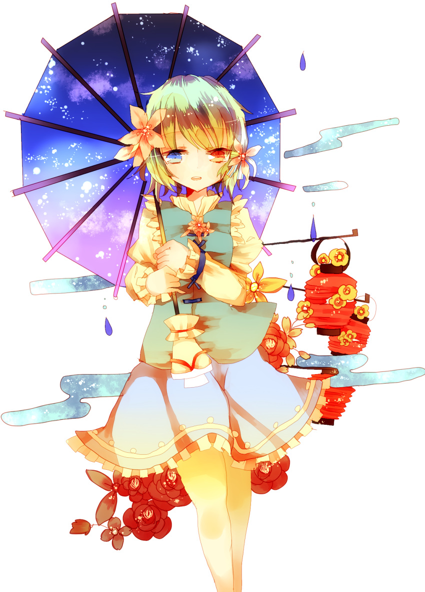 bad_id bad_pixiv_id blue_eyes blue_hair cha_goma female flower hair_flower hair_ornament heterochromia highres lantern open_mouth paper_lantern red_eyes short_hair skirt solo tatara_kogasa touhou umbrella