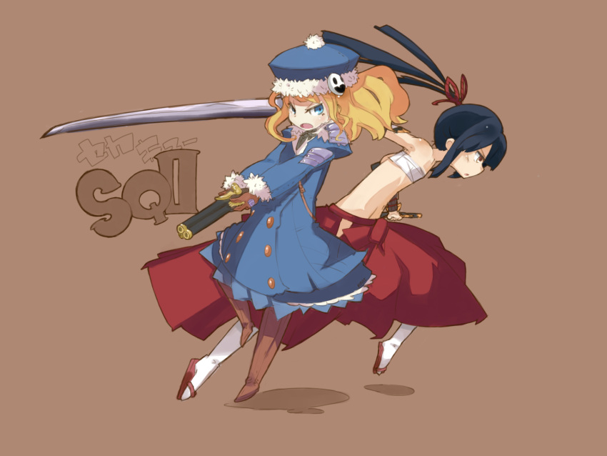 2girls bad_id bad_pixiv_id black_hair blonde_hair blue_eyes blunt_bangs boots bow bushidou_(sekaiju) bushidou_2_(sekaiju) coat flat_chest frills fur_coat gloves gun gunner_(sekaiju) gunner_2_(sekaiju) hair_ribbon hakama hakama_skirt handgun hat highres jack_frost_(megami_tensei) japanese_clothes katana katsudansou leg_up long_hair midriff multiple_girls no_shirt open_mouth ribbon ronin sandals sarashi scabbard sekaiju_no_meikyuu sekaiju_no_meikyuu_2 sheath short_hair skirt strap sword wavy_hair weapon white_legwear yellow_eyes