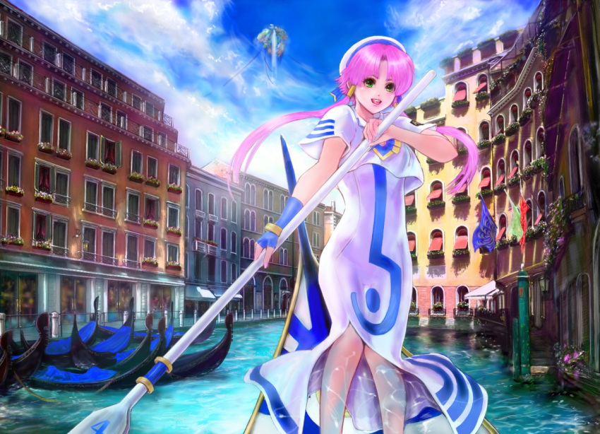 aria_(manga) aria_company_uniform blouse boat canal clothing_cutout commentary_request dress female flag floating_island gondola hair_tubes hat long_dress mamoru_(mamoru_jinja) mizunashi_akari neo-venezia oar pink_hair plant sailor_collar shirt short_hair_with_long_locks short_sleeves side_slit sidelocks smile solo standing uniform water watercraft white_dress white_shirt