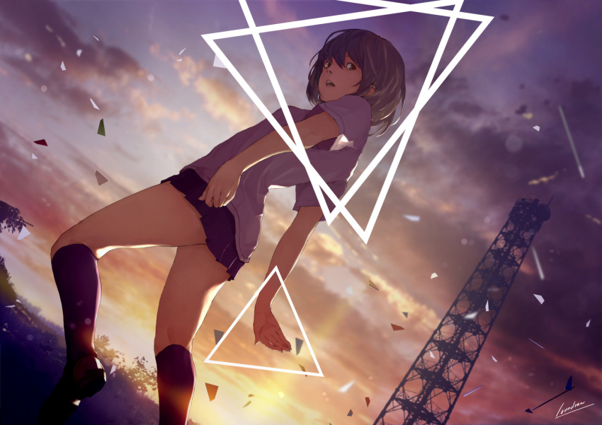 black_socks brown_eyes brown_hair cloud commentary_request dutch_angle female kneehighs looking_back loundraw miniskirt original pleated_skirt purple_shirt shards shirt shoes short_sleeves signature skirt socks solo sunset transmission_tower