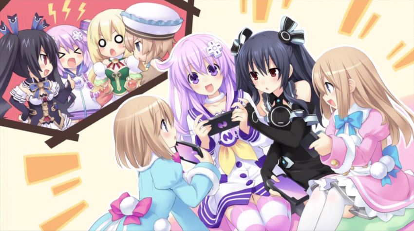 >_< 6+girls :d :o bare_shoulders black_hair blanc_(neptunia) blonde_hair blue_eyes blush bow brown_hair choujigen_game_neptune_mk2 closed_eyes collar cut-in d-pad d-pad_hair_ornament detached_collar detached_sleeves dress elbow_gloves emblem fingerless_gloves frilled_hat frills game_cg gloves hair_ornament hair_ribbon hat highres holding lightning_bolt_symbol long_hair long_sleeves looking_at_another multiple_girls nepgear neptune_(neptunia) neptune_(series) noire_(neptunia) o_o official_art open_mouth outstretched_arm pantyhose playing_games profile purple_eyes purple_hair purple_legwear ram_(neptunia) red_eyes ribbon rom_(neptunia) school_uniform serafuku siblings sisters sitting smile striped_clothes striped_pantyhose thighhighs tsunako twintails two_side_up uni_(neptunia) vert_(neptunia) white_gloves white_legwear