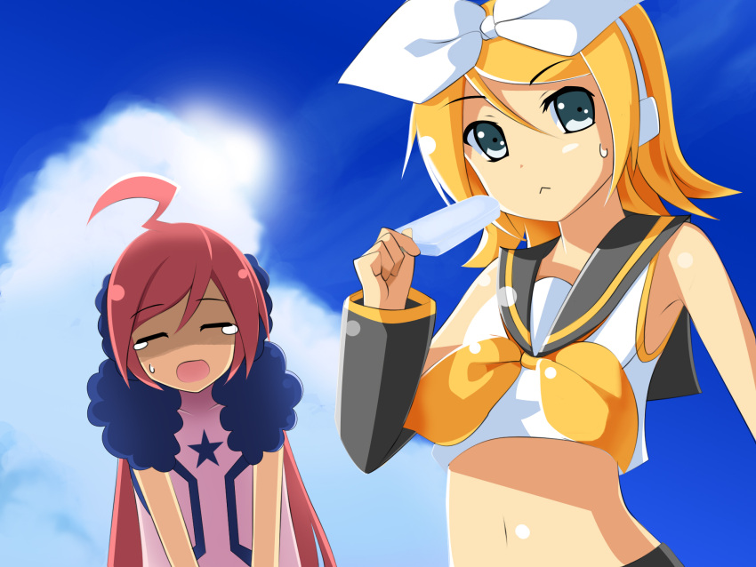 2girls ahoge bad_id bad_pixiv_id blonde_hair blue_eyes cloud day food hair_ornament hair_ribbon hairclip highres kagamine_rin long_hair looking_at_viewer multiple_girls navel photoshop_(medium) pink_hair popsicle ribbon sf-a2_miki short_hair sky vocaloid yakitori_(oni)