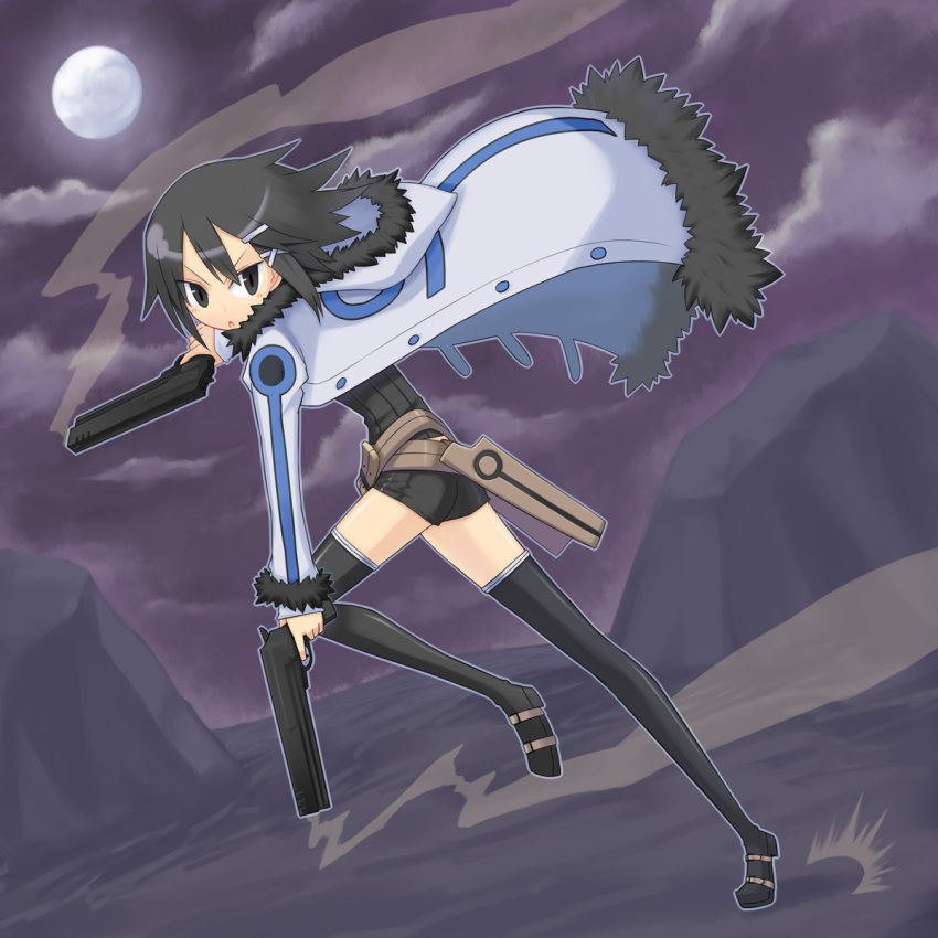 asagiri_asagi belt black_eyes black_hair black_shorts black_thighhighs blush boots commentary_request disgaea dual_wielding female full_moon fur_trim gun hair_ornament hairclip handgun highres holding holster hood hoodie kurakumo_nue moon nippon_ichi open_mouth running short_hair short_shorts shorts solo thigh_boots thighhighs weapon