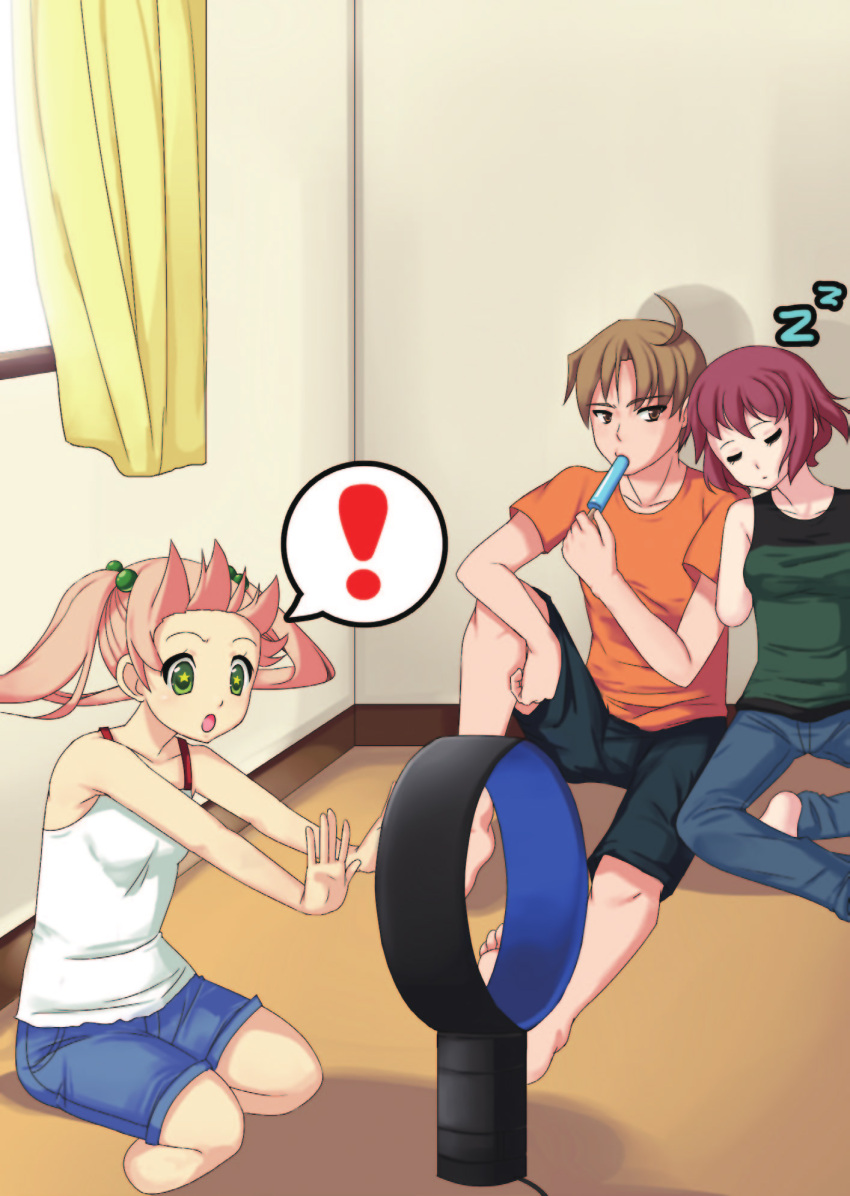 ! +_+ 1boy 2girls :o ahoge amputee armless_amputee artbook bad_deviantart_id bad_id barefoot black_tank_top bladeless_fan blonde_hair breasts brown_hair casual closed_eyes commentary curtains denim denim_shorts double_amputee dyson_(company) english_commentary food food_in_mouth green_eyes hair_bobbles hair_ornament highres ibarazaki_emi indoors jeans jpeg_artifacts katawa_shoujo large_breasts medium_breasts multiple_girls nakai_hisao numbers_(pigpenandpaper) official_art open_mouth orange_shirt pants photoshop_(medium) pink_hair popsicle popsicle_in_mouth red_hair shirt short_hair shorts sleeping sleeping_upright speech_bubble spoken_exclamation_mark star-shaped_pupils star_(symbol) symbol-shaped_pupils tank_top tezuka_rin toes twintails wind window zzz