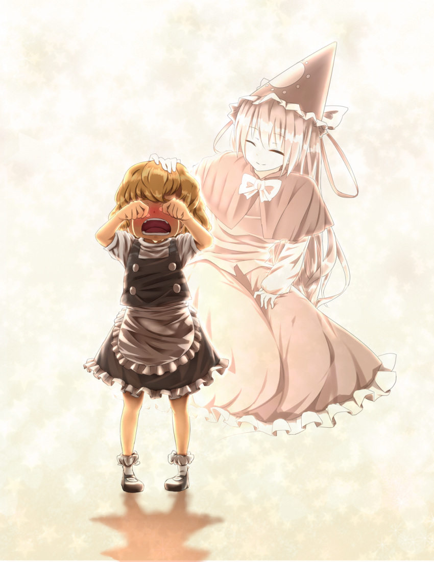 2girls ^_^ aged_down apron blonde_hair blush bow capelet closed_eyes commentary_request crying ghost_tail hat hat_ribbon headpat highres kachayori kirisame_marisa lolicon long_hair mima_(touhou) multiple_girls open_mouth ribbon rubbing_eyes shirt skirt skirt_set smile sobbing tears touhou touhou_(pc-98) vest