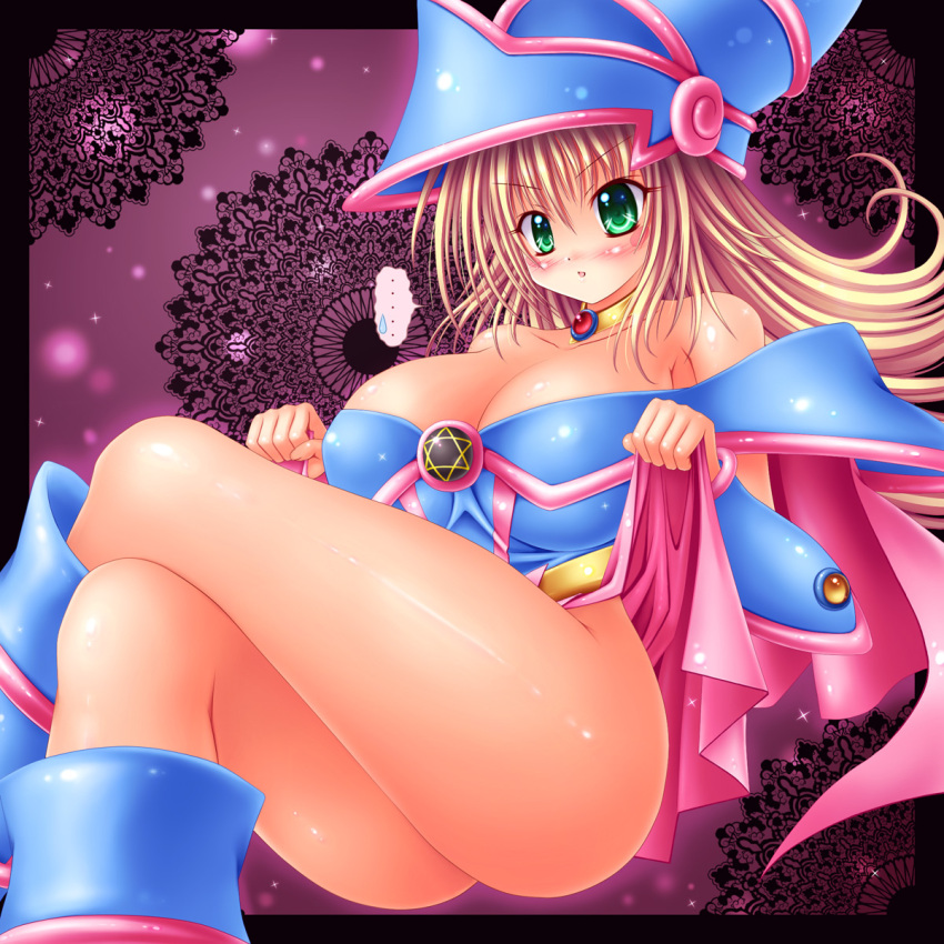 artist_request blonde_hair boots dark_magician_girl duel_monster female green_eyes hat highres jewelry large_breast long_hair necklace no_panties skirt skirt_lift skirt_up solo yu-gi-oh! yuu-gi-ou_duel_monsters