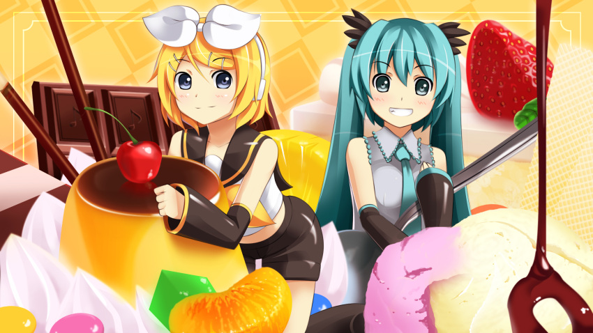 2girls aqua_eyes aqua_hair bad_id bad_pixiv_id blonde_hair blue_eyes cherry chocolate dessert detached_sleeves food fruit gelatin hair_ornament hair_ribbon hairclip hatsune_miku headphones highres kagamine_rin long_hair mandarin_orange multiple_girls photoshop_(medium) ribbon short_hair sitting smile syrup twintails vocaloid yakitori_(oni)