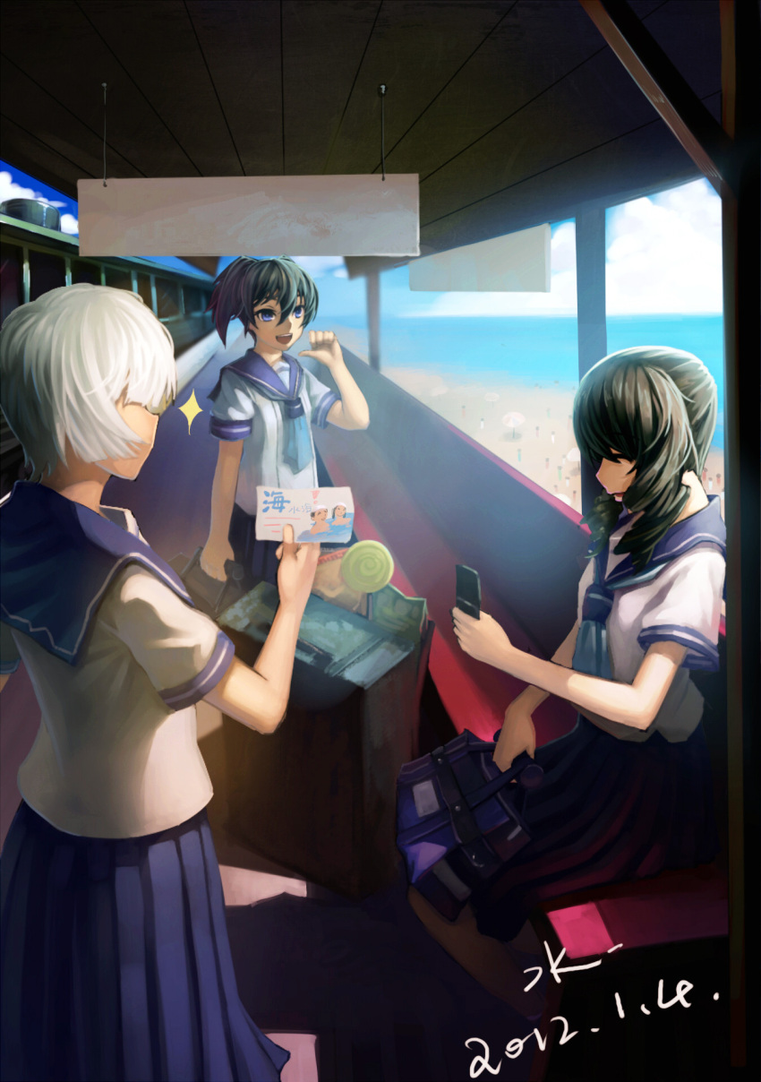 3girls bad_id bad_pixiv_id beach black_hair black_rock_shooter blue_eyes cellphone day highres koutari_yuu kuroi_mato multiple_girls outdoors phone school_uniform serafuku short_hair shuizhanglang sitting skirt sky smile sparkle takanashi_yomi train twintails white_hair