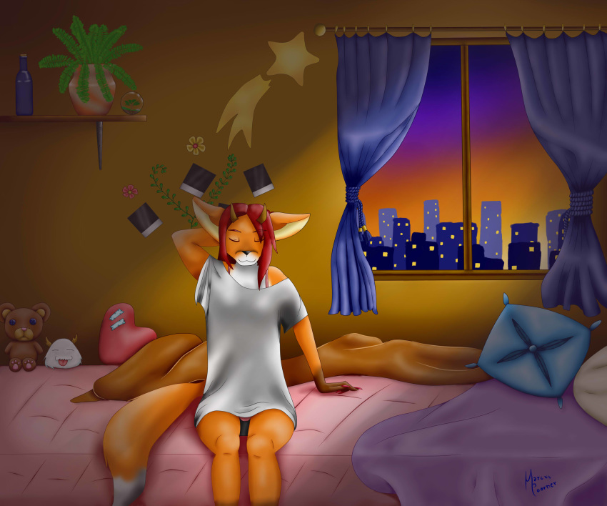 6:5 absurd_res anthro bed canid canine city closed_eyes clothing ears_down female fox fur furniture hair heart_symbol hi_res horn league_of_legends lingerie mammal marcus_poorner morning photography pivoted_ears plushie poro_(lol) red_body red_fur red_hair riot_games shooting_star solo teddy_bear tencent topwear