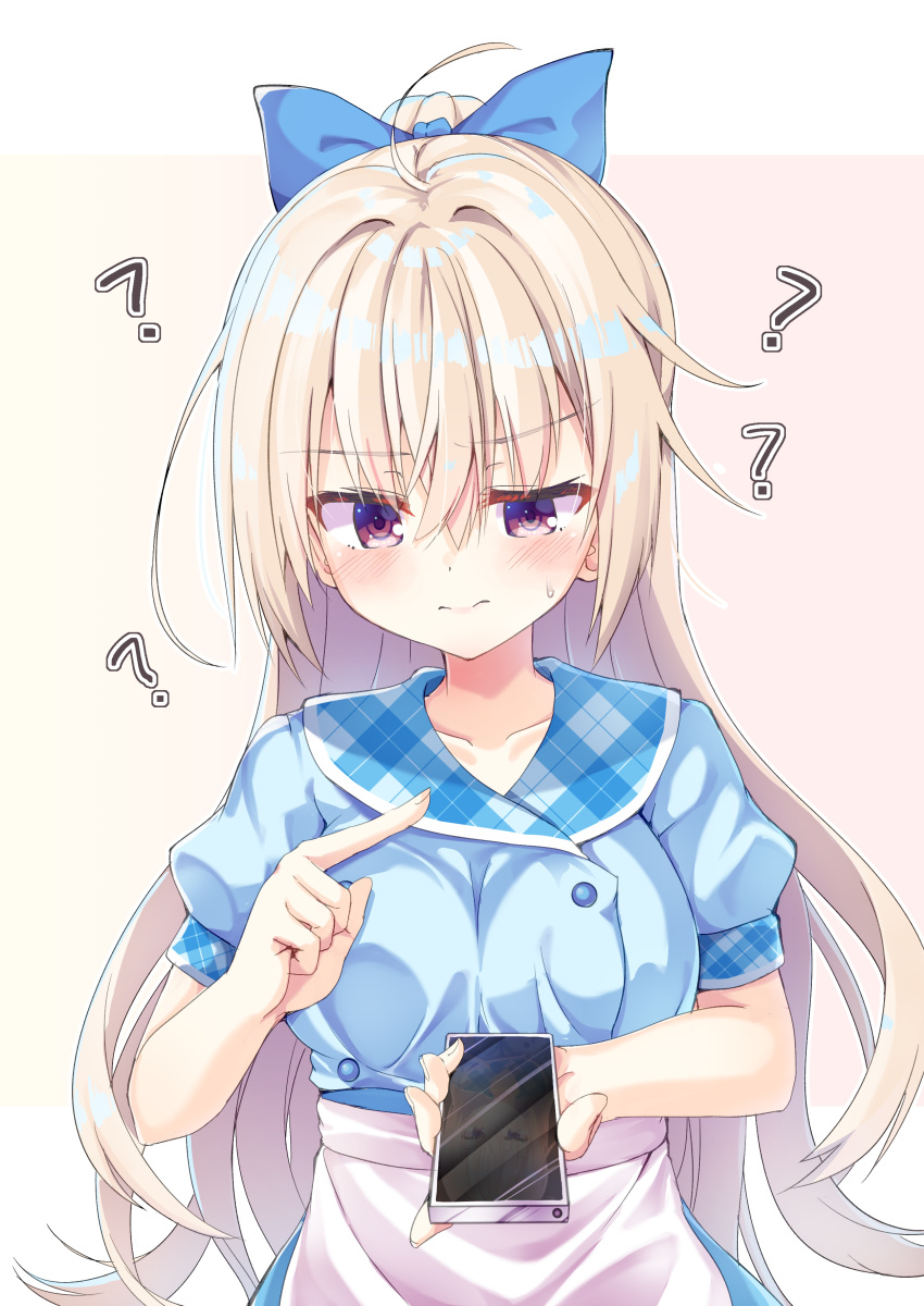 ? absurdres ahoge akizuki_kanna apron blue_bow blue_shirt blush bow breasts brown_background cafe_stella_to_shinigami_no_chou cellphone closed_mouth commentary_request female hair_between_eyes hairbow highres holding holding_phone light_brown_hair long_hair medium_breasts phone plaid puffy_short_sleeves puffy_sleeves red_eyes segaxtu shirt short_sleeves solo sweat two-tone_background upper_body very_long_hair waist_apron wavy_mouth white_apron white_background