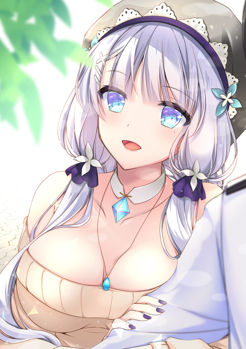 1boy azur_lane bad_id bad_pixiv_id bare_shoulders belfast_(azur_lane) belfast_(azur_lane)_(cosplay) belfast_(shopping_with_the_head_maid)_(azur_lane) black_headwear blue_eyes blue_gemstone blurry blurry_foreground breasts brown_sweater cleavage collar commander_(azur_lane) commentary_request cosplay detached_collar female gem highres illustrious_(azur_lane) large_breasts leaf long_hair looking_at_viewer mitsukiriko nail_polish off-shoulder_sweater off_shoulder official_alternate_costume open_mouth purple_nails simple_background sweater tri_tails upper_body white_background white_collar white_hair