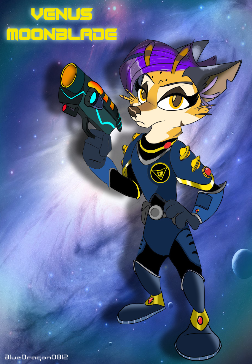 absurd_res alien artist_name bluedragon0812 canid canine character_name clothing drop_shadow emblem female fox frown full-length_portrait gloves gun hand_on_hip handwear hi_res holding_gun holding_object holding_ranged_weapon holding_weapon hybrid looking_at_viewer mammal portrait purple_sky ranged_weapon raygun science_fiction sky solo space space_force space_marine spacesuit spark_ace_space_squirrel standing star starry_sky text uniform venus_moonblade weapon