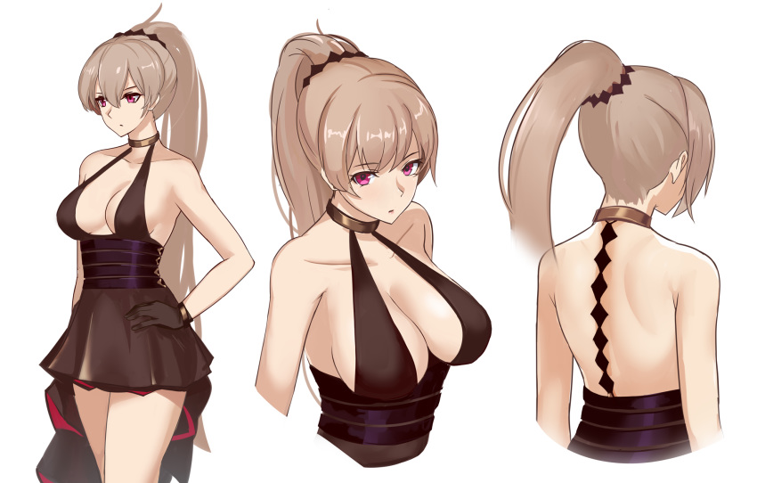 armpit_crease azur_lane backless_dress backless_outfit bangle bare_arms bare_shoulders black_dress black_gloves black_skirt bracelet breasts center_opening choker cleavage collarbone commentary cowboy_shot cropped_torso dress ear_piercing evening_gown female gloves halterneck hand_on_own_hip high-waist_sideboob high_ponytail highres jean_bart_(azur_lane) jean_bart_(uninhibited_bloodstone)_(azur_lane) jewelry large_breasts long_hair multiple_views official_alternate_costume piercing platinum_blonde_hair ponytail purple_eyes shoulder_blades sideboob sidelocks skirt sleeveless sleeveless_dress thighs very_long_hair zukanosuke