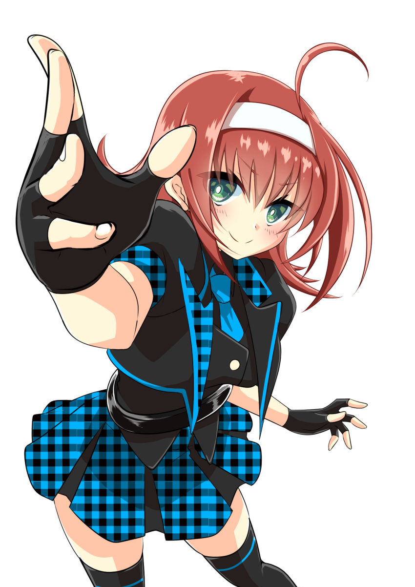 ahoge black_gloves black_jacket black_vest blue_necktie breasts bright_pupils brown_hair closed_mouth commentary eyes_visible_through_hair female fingerless_gloves gloves green_eyes hairband highres idol_clothes jacket kamon_rider medium_breasts muv-luv muv-luv_alternative muv-luv_alternative_chronicles_03 necktie open_hands plaid plaid_skirt puffy_short_sleeves puffy_sleeves short_sleeves skirt solo split_mouth suzumiya_akane unmoving_pattern v-shaped_eyebrows vest white_background white_hairband white_pupils