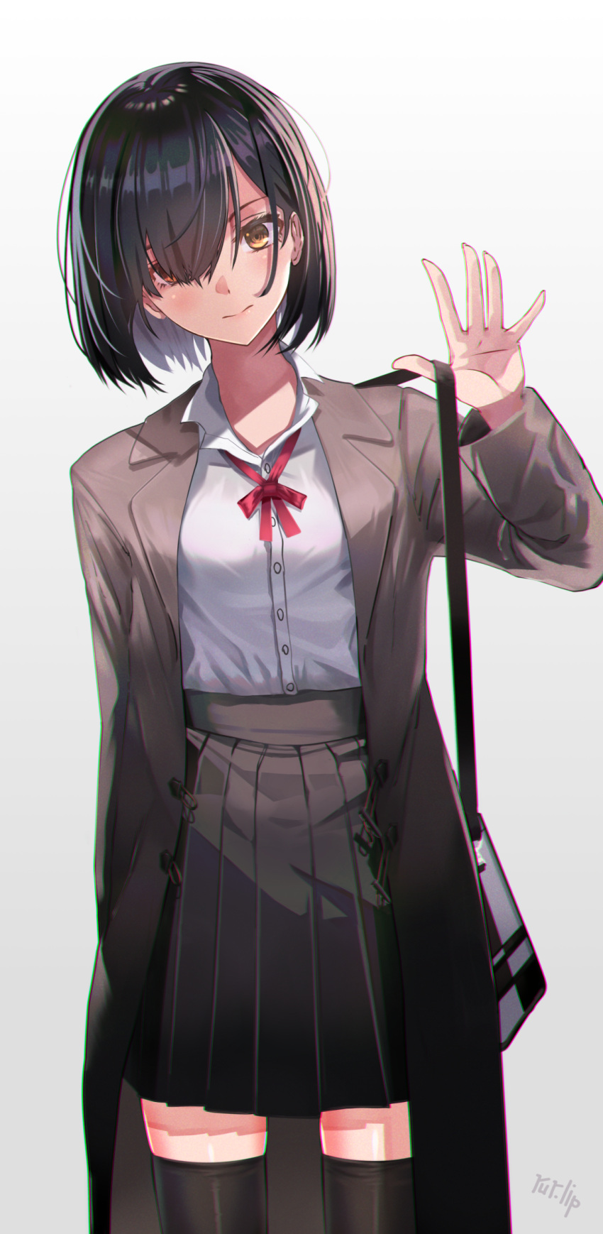 adjusting_strap artist_name bag black_hair black_skirt black_thighhighs bob_cut bow brown_jacket chromatic_aberration closed_mouth coat commentary cowboy_shot dress_shirt english_commentary female hair_over_one_eye hand_up head_tilt highres jacket light_blush lips long_bangs long_sleeves looking_at_viewer loose_hair_strand neck_ribbon open_clothes open_jacket original pleated_skirt red_bow red_ribbon ribbon rur_(ml_ruru) school_bag school_uniform shirt short_hair signature skirt solo thighhighs toggles trench_coat white_background white_shirt yellow_eyes zettai_ryouiki