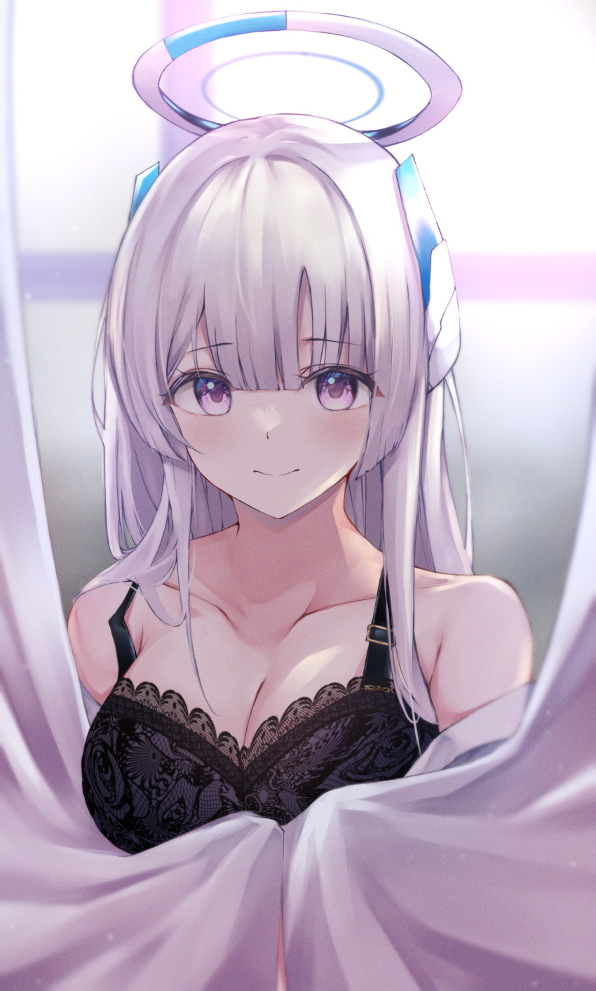 black_bra blue_archive blunt_bangs bra breasts cleavage closed_mouth collarbone commentary_request female halo highres hojiro_same large_breasts looking_at_viewer mechanical_halo noa_(blue_archive) partial_commentary pink_eyes smile solo underwear upper_body white_hair