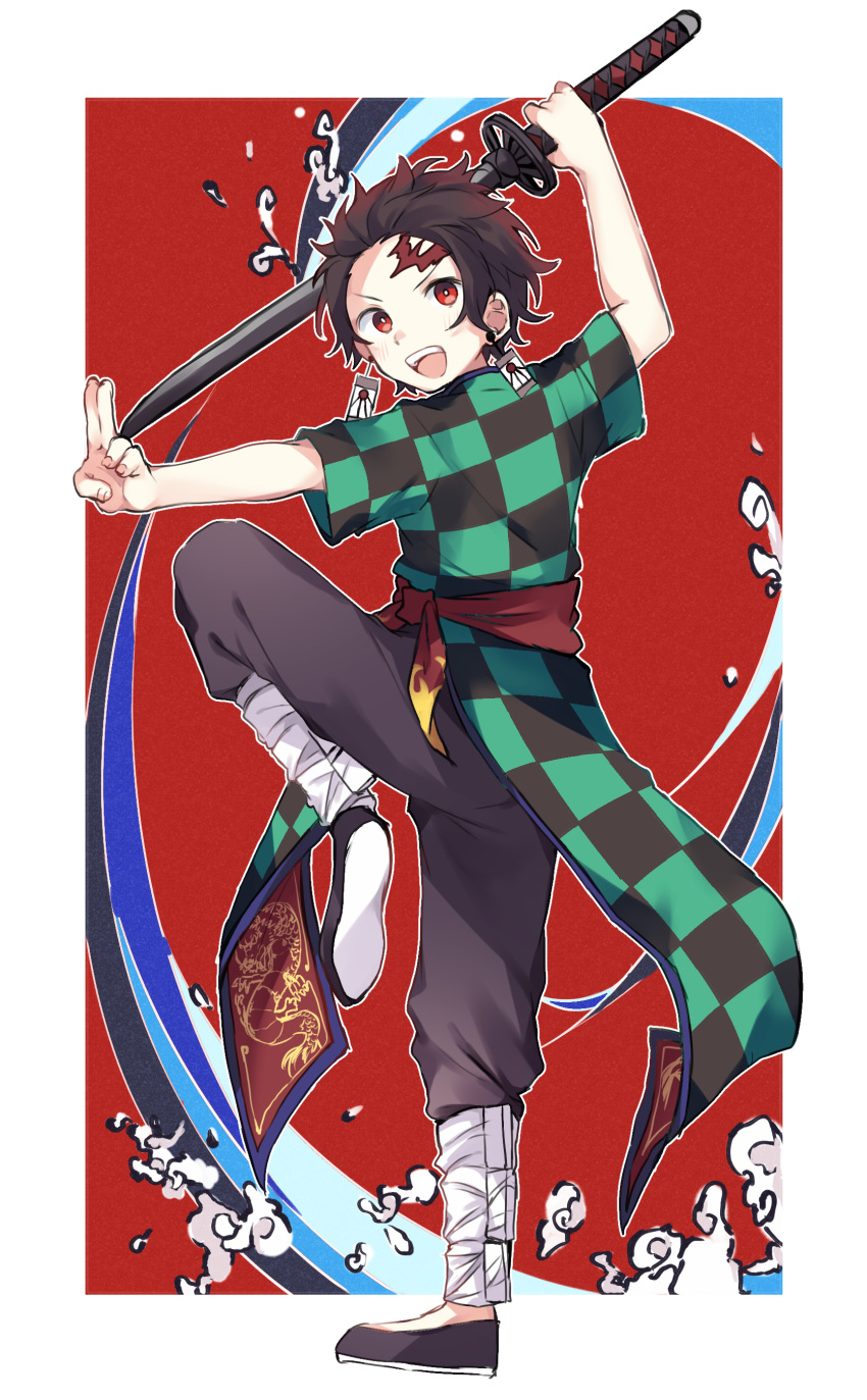 1boy :d absurdres adapted_costume black_footwear black_pants border brown_hair checkered_haori chinese_clothes earrings from_side highres holding holding_sword holding_weapon jewelry kamado_tanjirou katana kimetsu_no_yaiba leg_lift looking_at_viewer makura_(makura0128) male_focus open_mouth outstretched_hand pants pose red_background salute scar scar_on_face scar_on_forehead smile solo standing standing_on_one_leg sword two-finger_salute weapon white_border