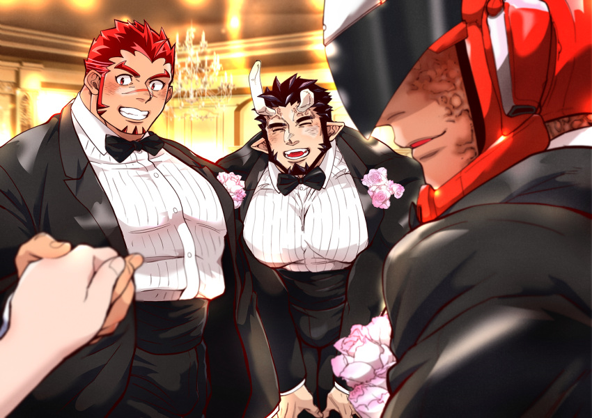 1other 3boys akashi_(live_a_hero) alternate_costume bara beard black_bow black_bowtie black_hair blush bow bowtie broken_horn bursting_pectorals demon_boy demon_horns facial_hair foreshortening formal grin highres holding_hands horns kizami_nori_to_yamaimo large_pectorals leaning_forward live_a_hero long_sideburns looking_at_viewer male_focus mature_male multiple_boys muscular muscular_male nessen_(live_a_hero) pectorals pov scar scar_on_face scar_on_nose shirt short_hair sideburns smile take_your_pick veins victom_(live_a_hero) white_shirt