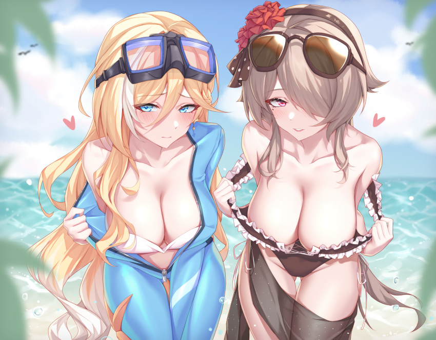 2girls ass_visible_through_thighs bare_shoulders bianka_durandal_ataegina bikini blonde_hair blue_bodysuit blue_eyes bodysuit breasts brown_hair cleavage collarbone cowboy_shot cross-laced_bikini cross-laced_clothes day diving_suit eyewear_on_head goggles goggles_on_head hair_between_eyes hair_over_one_eye hanging_breasts heart highres honkai_(series) honkai_impact_3rd large_breasts leaning_forward long_hair looking_at_viewer multiple_girls ocean open_bodysuit open_clothes open_wetsuit outdoors partially_unzipped purple_eyes rita_rossweisse ruo_zhishi_chu_jian smile strap_gap strap_pull sunglasses swimsuit thigh_gap very_long_hair wetsuit