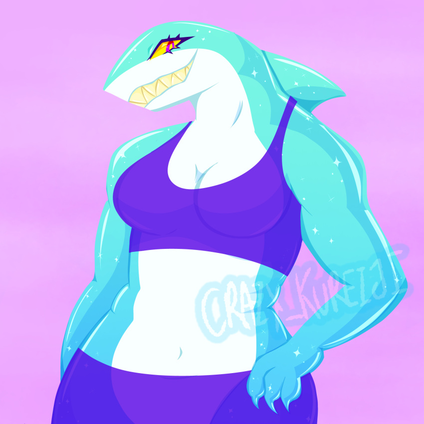 1:1 anthro athletic athletic_anthro athletic_female belly big_breasts blue_body blue_shark blue_skin bottomwear bra breasts claws cleavage clothed clothing countershading crazy_guy_(artist) female fish glistening glistening_body gradient_body hi_res looking_at_viewer marine midriff navel pants partially_clothed purple_bottomwear purple_bra purple_clothing purple_eyes purple_pants purple_sports_bra purple_underwear red_eyes requiem_shark shark sharp_teeth smile solo sports_bra sportswear teeth underwear white_belly white_body white_skin yellow_sclera