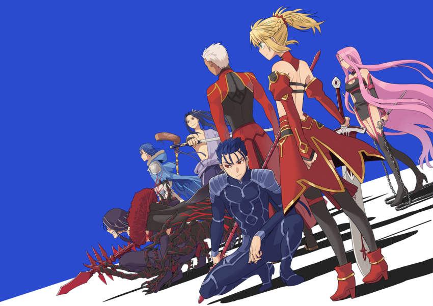 2girls 5boys archer_(fate) bad_id bad_pixiv_id blonde_hair blue_hair cu_chulainn_(caster)_(fate) cu_chulainn_(fate) cu_chulainn_(fate/stay_night) cu_chulainn_alter_(fate) fate/grand_order fate_(series) medusa_(fate) medusa_(rider)_(fate) medusa_(rider)_(third_ascension)_(fate) mordred_(fate) mordred_(fate/apocrypha) multiple_boys multiple_girls nameless_dagger_(fate) ooba pink_hair red_eyes sasaki_kojirou_(fate) white_hair