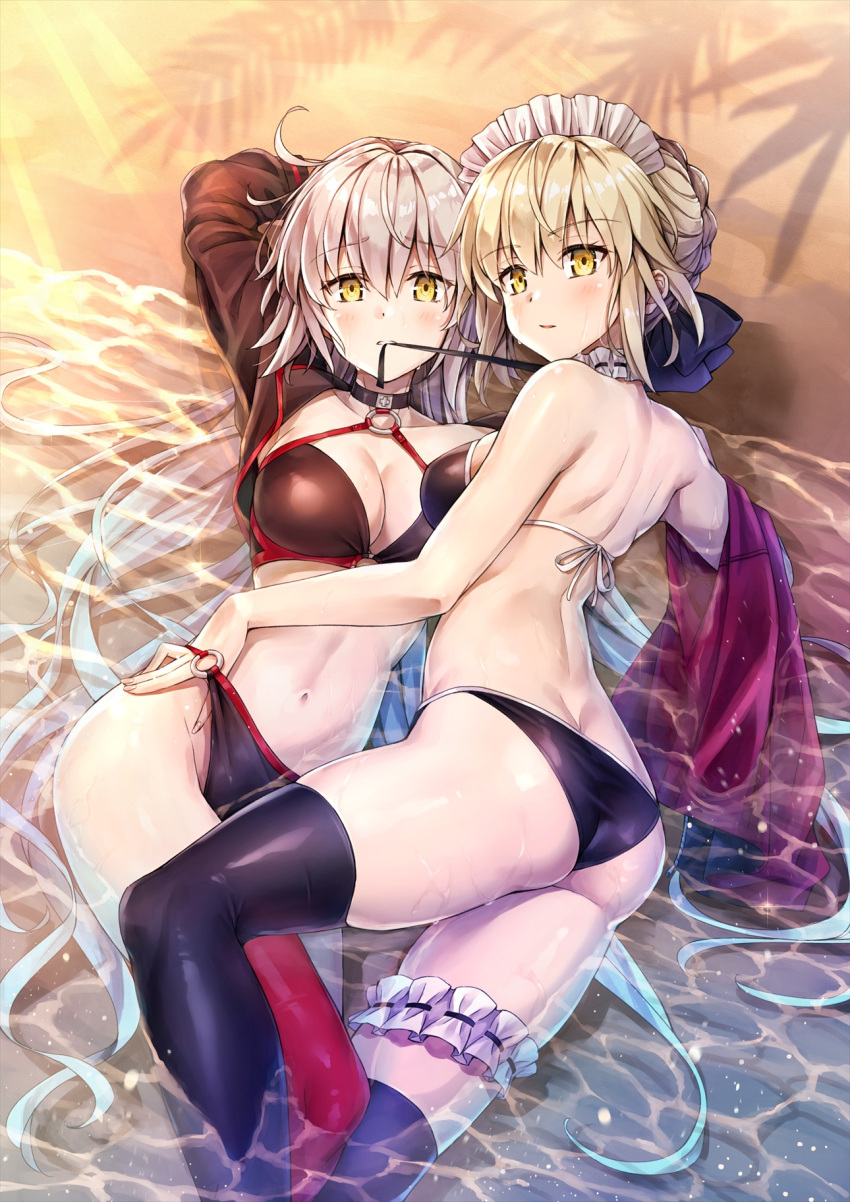 2girls artoria_pendragon_(alter_swimsuit_rider)_(fate) artoria_pendragon_(alter_swimsuit_rider)_(second_ascension)_(fate) artoria_pendragon_(fate) ass bikini bikini_bottom_lift black_bikini black_choker black_jacket braid breasts bridal_garter butt_crack choker cleavage commentary_request fate/grand_order fate_(series) french_braid frills highres jacket jeanne_d'arc_alter_(fate) jeanne_d'arc_alter_(swimsuit_berserker)_(fate) koyuki_(kotatsu358) large_breasts linea_alba looking_at_viewer lying maid maid_bikini maid_headdress median_furrow medium_breasts multiple_girls navel o-ring o-ring_bikini o-ring_bottom o-ring_top on_back on_side orange_background outdoors palms red_legwear shallow_water shiny shiny_clothes shoulder_blades shrug_(clothing) single_thighhigh swimsuit thighhighs unconventional_maid unworn_jacket water yellow_eyes