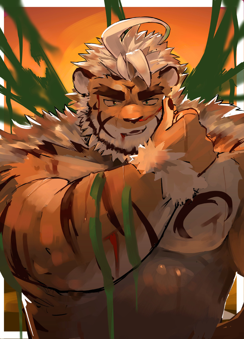 1boy absurdres ahoge animal_ears bara beard belly blood blood_from_mouth blue_eyes facial_hair furry furry_male highres hombre_tigre_(housamo) huge_eyebrows large_pectorals male_focus muscular muscular_male no_nipples nosebleed nude pectorals plump saikorodekimeru short_hair slime_(substance) solo stomach thick_eyebrows tiger_boy tiger_ears tokyo_afterschool_summoners upper_body white_hair wiping_blood wiping_nose