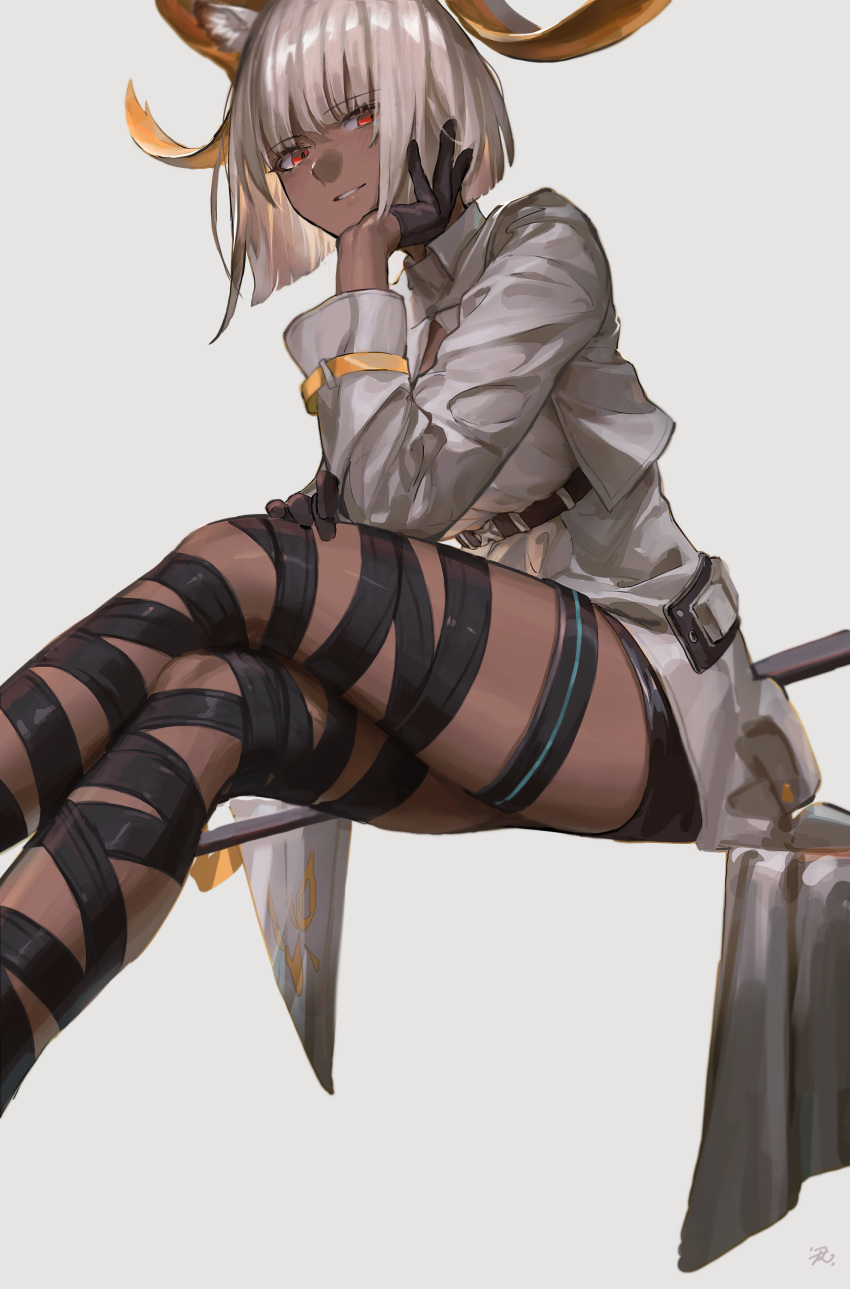 absurdres animal_ears arknights bandaged_leg bandages black_gloves black_skirt blunt_bangs breasts carnelian_(arknights) cropped_jacket crossed_legs dark-skinned_female dark_skin dress feet_out_of_frame female gloves goat_ears goat_girl goat_horns grey_dress grey_hair grey_jacket hand_on_own_cheek hand_on_own_face highres horns infection_monitor_(arknights) invisible_chair jacket long_sleeves looking_at_viewer md5_mismatch medium_breasts miniskirt open_clothes open_jacket parted_lips red_eyes short_hair sitting skirt smile solo tentsuu_(tentwo) thighlet thighs underbust