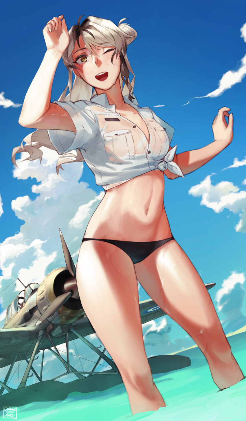 absurdres black_panties blonde_hair blue_sky brown_eyes dangodes english_commentary female hair_bun highres long_hair looking_at_another navel ocean one_eye_closed original outdoors panties propeller roundel seaplane see-through see-through_shirt shirt sky smile solo tied_shirt underwear wading water wet wet_clothes wet_shirt white_shirt