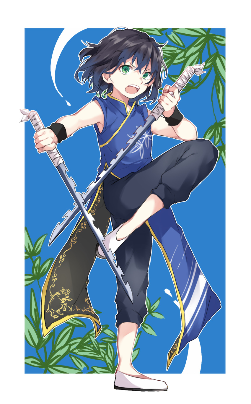 1boy absurdres adapted_costume black_hair black_pants blue_shirt border chinese_clothes dual_wielding full_body green_eyes hashibira_inosuke highres holding holding_sword holding_weapon katana kimetsu_no_yaiba knee_up makura_(makura0128) male_focus pants pose shirt solo standing standing_on_one_leg sword v-shaped_eyebrows weapon white_border white_footwear wristband