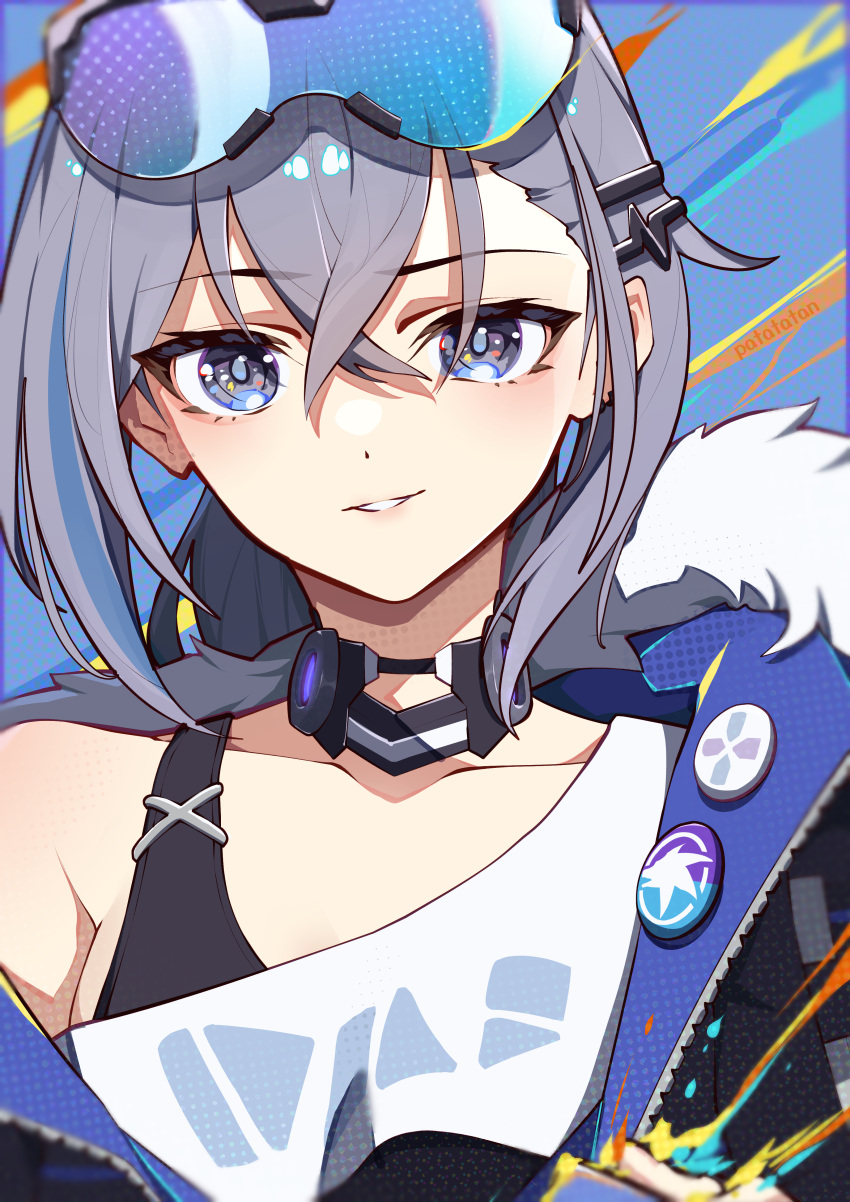 absurdres blue_eyes bra_strap choker commentary_request eyewear_on_head female fur-trimmed_jacket fur_trim grey_hair grin hair_between_eyes highres honkai:_star_rail honkai_(series) jacket long_hair looking_at_viewer parted_lips patatatan shirt silver_wolf_(honkai:_star_rail) single-shoulder_shirt single_bare_shoulder smile solo sunglasses upper_body white_shirt