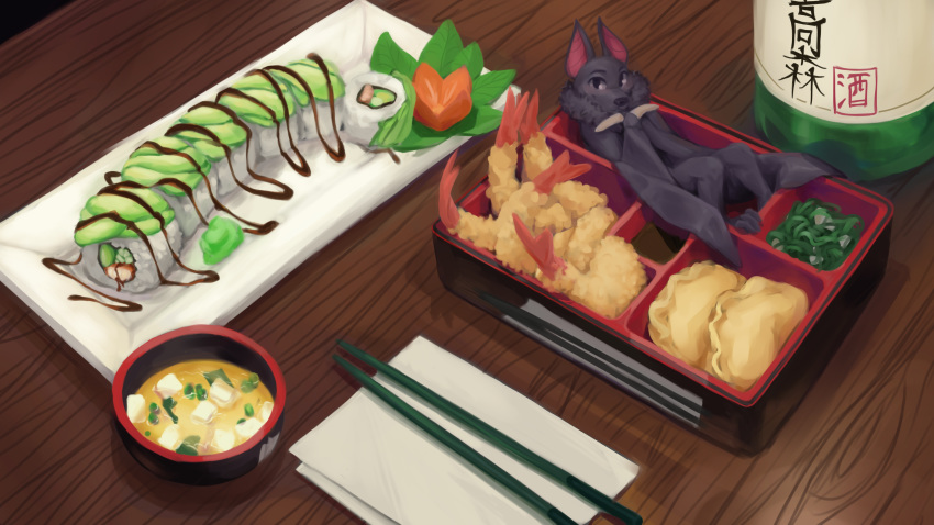 16:9 2020 4k absurd_res alcohol ambiguous_gender anthro bat bat_wings bento_box beverage black_body black_fur blush bottle chopsticks comically_large_object container crossed_arms deke_(ittybittykittytittys) detailed detailed_background detailed_food digital_media_(artwork) dumplings food fur furniture hi_res ittybittykittytittys japanese_text looking_at_viewer lying mammal megabat membrane_(anatomy) membranous_wings micro napkin nude on_back rice sake shrimp_(food) smile solo sushi table text widescreen wings