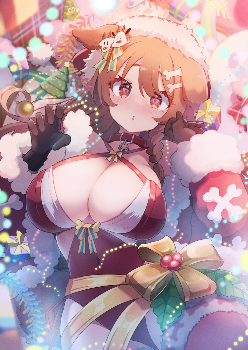 animal_ears black_gloves bone_hair_ornament breasts brown_hair christmas cleavage collar covered_navel dog_ears dog_girl female fur-trimmed_headwear fur_trim gift gloves hair_ornament hairpin hat highres hololive huge_breasts inugami_korone kamiya_zuzu large_breasts leotard looking_at_viewer navel open_mouth paw_pose red_collar red_hat red_leotard santa_costume santa_hat santa_leotard solo virtual_youtuber