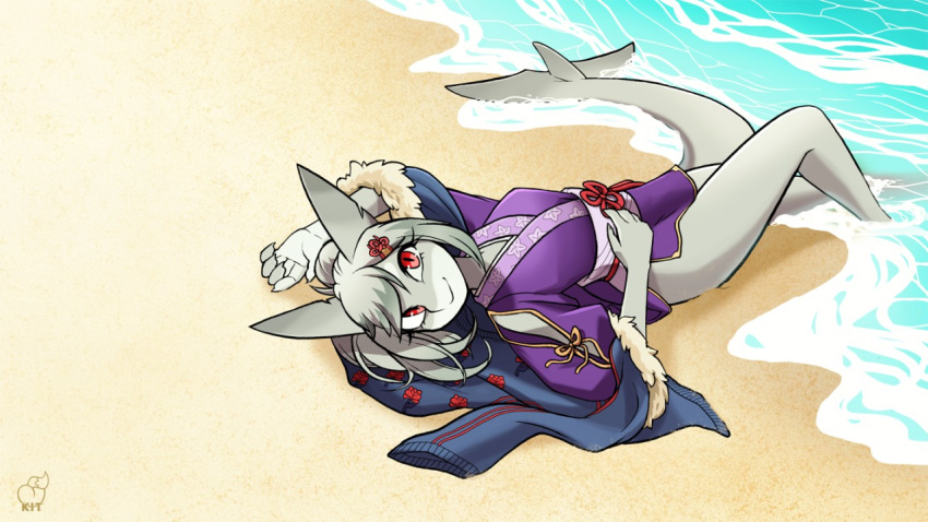 16:9 anthro asian_clothing beach clothed clothing east_asian_clothing feet_in_water female fish hair japanese_clothing kimono kittellox_(artist) lying marine red_eyes seaside shark solo water widescreen