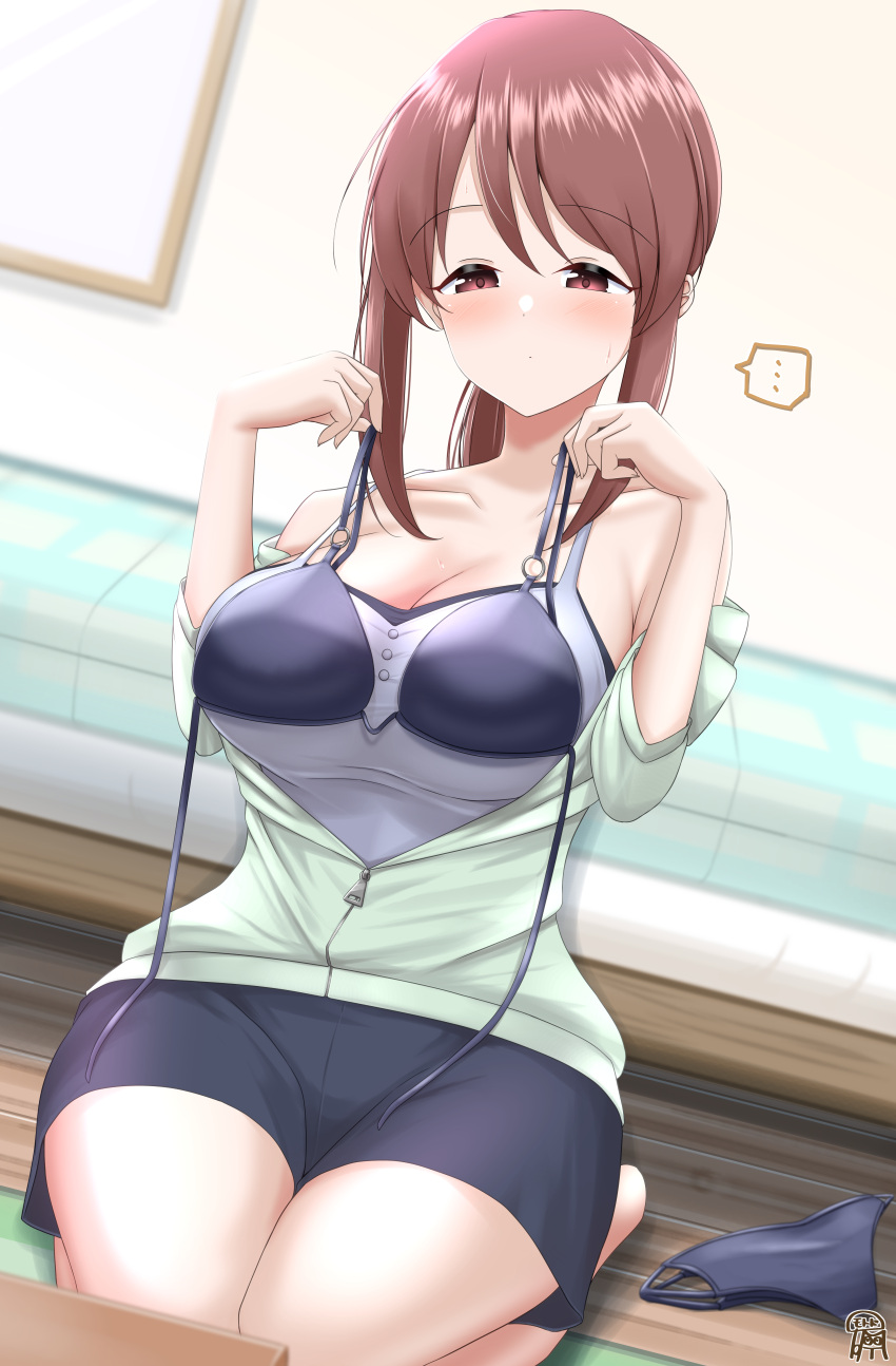 ... absurdres bare_legs bed bikini blush breasts brown_hair cleavage collarbone dutch_angle female green_jacket highres holding holding_clothes holding_swimsuit idolmaster idolmaster_cinderella_girls indoors jacket large_breasts looking_at_object mifune_miyu motodouryou partially_unzipped ponytail seiza sidelocks sitting solo spoken_ellipsis sweatdrop swimsuit unworn_bikini wooden_floor