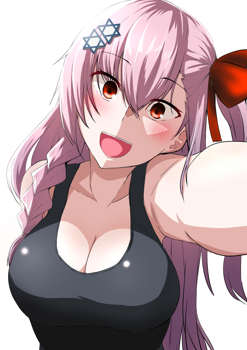 absurdres aizawa_u-ji alternate_costume black_one-piece_swimsuit blush braid breasts cleavage collarbone female girls'_frontline hair_ornament hair_ribbon hairclip hexagram highres long_hair looking_at_viewer medium_breasts negev_(girls'_frontline) one-piece_swimsuit open_mouth pink_hair red_eyes ribbon smile solo star_of_david swimsuit upper_body white_background