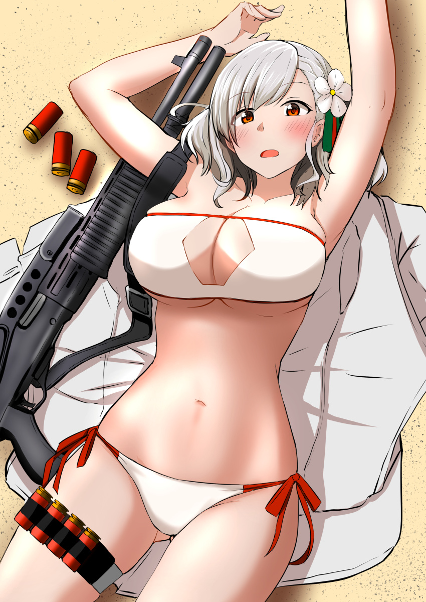 absurdres aizawa_u-ji beach bikini blush breasts cleavage collarbone curvy feet_out_of_frame female flower from_above girls'_frontline grey_hair gun hair_flower hair_ornament hair_ribbon hand_up highres large_breasts looking_at_viewer lying medium_hair navel official_alternate_costume on_back open_mouth pump_action red_eyes ribbon sand shell_casing shotgun solo spas-12 spas-12_(girls'_frontline) spas-12_(midsummer_fruit)_(girls'_frontline) swimsuit weapon white_bikini wide_hips