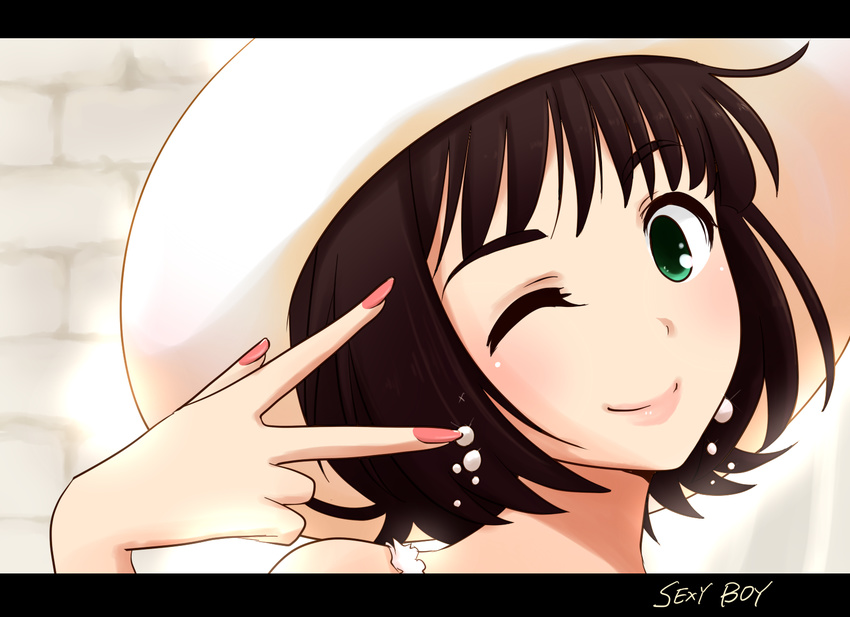 amami_haruka brown_hair commentary_request earrings female green_eyes hat highres idolmaster idolmaster_(classic) jewelry letterboxed lips maiko_(yoshida308) morning_musume nail_polish one_eye_closed portrait short_hair smile solo v