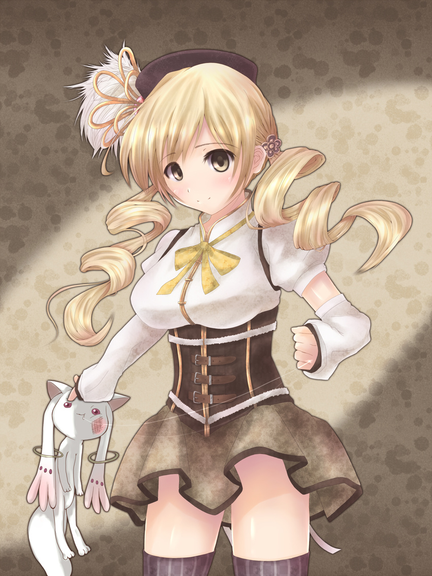 beret blonde_hair breasts commentary_request corset drill_hair female hair_ornament hat highres kyuubee magical_girl mahou_shoujo_madoka_magica mahou_shoujo_madoka_magica_(anime) medium_breasts peroshiti_aniki pleated_skirt puffy_sleeves saliva saliva_trail skirt thighhighs tomoe_mami tomoe_mami_(magical_girl) yellow_eyes