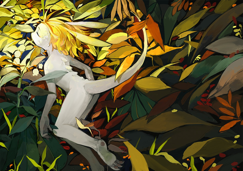 2016 ambiguous_gender blonde_hair claws closed_eyes detailed_background digital_media_(artwork) dragon hair lying mythological_creature mythological_scalie mythology nude rye-beer scalie solo tail white_body white_skin