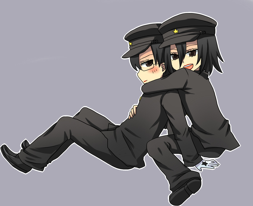 2boys chibi gakuran highres hug jaibo jaibo_(litchi_hikari_club) litchi_hikari_club multiple_boys school_uniform yaoi zera zera_(litchi_hikari_club)