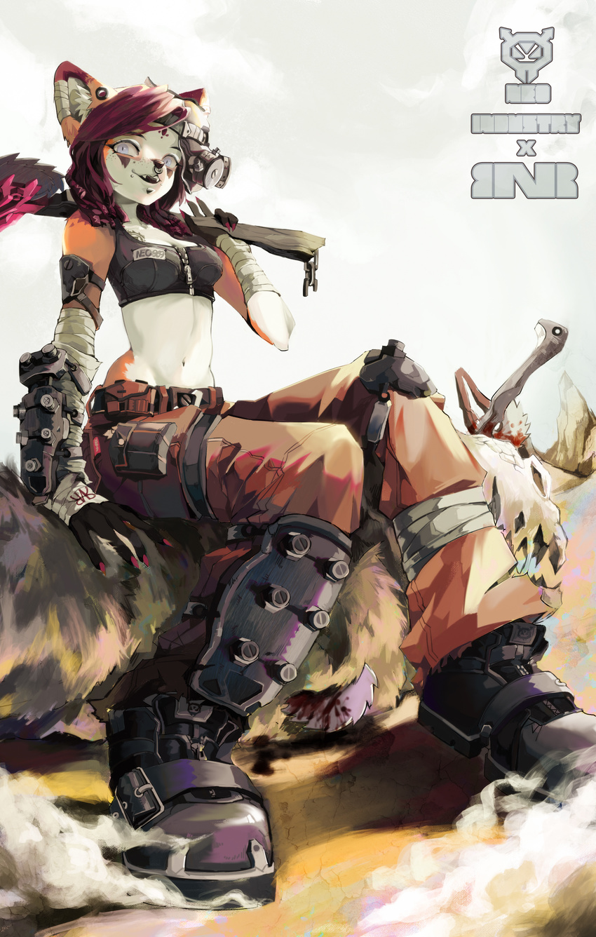 2015 absurd_res anthro blue_eyes bottomwear bra breasts canid canine cleavage clothed clothing digital_media_(artwork) facial_piercing female fox fur gas_mask hair hi_res holding_object holding_weapon mammal mask navel nose_piercing nose_ring orange_body orange_fur pants piercing post-apocalyptic red_hair ring_piercing rye-beer solo sports_bra tattoo text underwear weapon white_body white_fur zipper