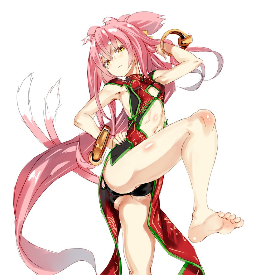 adjusting_hair animal_ears armpits bare_legs barefoot black_panties blazblue bracelet breasts cameltoe china_dress expressionless feet female glasses hair_between_eyes hair_ribbon hair_tucking jewelry kokonoe leg_up long_hair looking_at_viewer midriff morikawa_(futomayu) multiple_tails panties petite pince-nez pink_hair ponytail slit_pupils small_breasts soles tail very_long_hair yellow_eyes