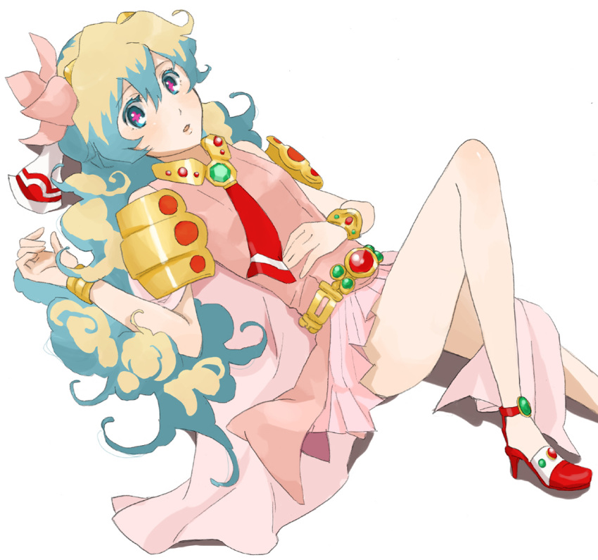 armlet bad_id bad_pixiv_id bracelet dress female flower hair_flower hair_ornament high_heels jewelry long_hair lying multicolored_hair nia_teppelin pink_skirt shoes skirt sleeveless solo tengen_toppa_gurren_lagann yoshi_92