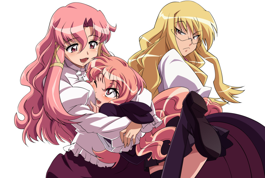 3girls absurdres blonde_hair breast_press breasts cattleya_yvette_la_baume_le_blanc_de_la_fontaine eleanor_albertine_le_blanc_de_la_blois_de_la_valliere fujii_masahiro glasses highres hug louise_francoise_le_blanc_de_la_valliere medium_breasts motherly multiple_girls pink_eyes pink_hair thighhighs transparent_background vector_trace wince zero_no_tsukaima