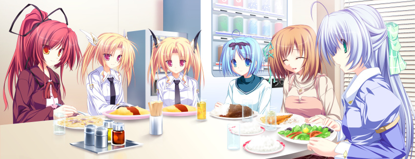 6+girls alicia_infans amakase_koyuki blonde_hair blue_eyes blue_hair brown_hair eating everyone green_eyes highres kujou_yuuka magus_tale multiple_girls nina_geminis photoshop_(medium) pink_eyes purple_hair red_eyes red_hair rena_geminis ribbon seera_finis_victoria tenmaso