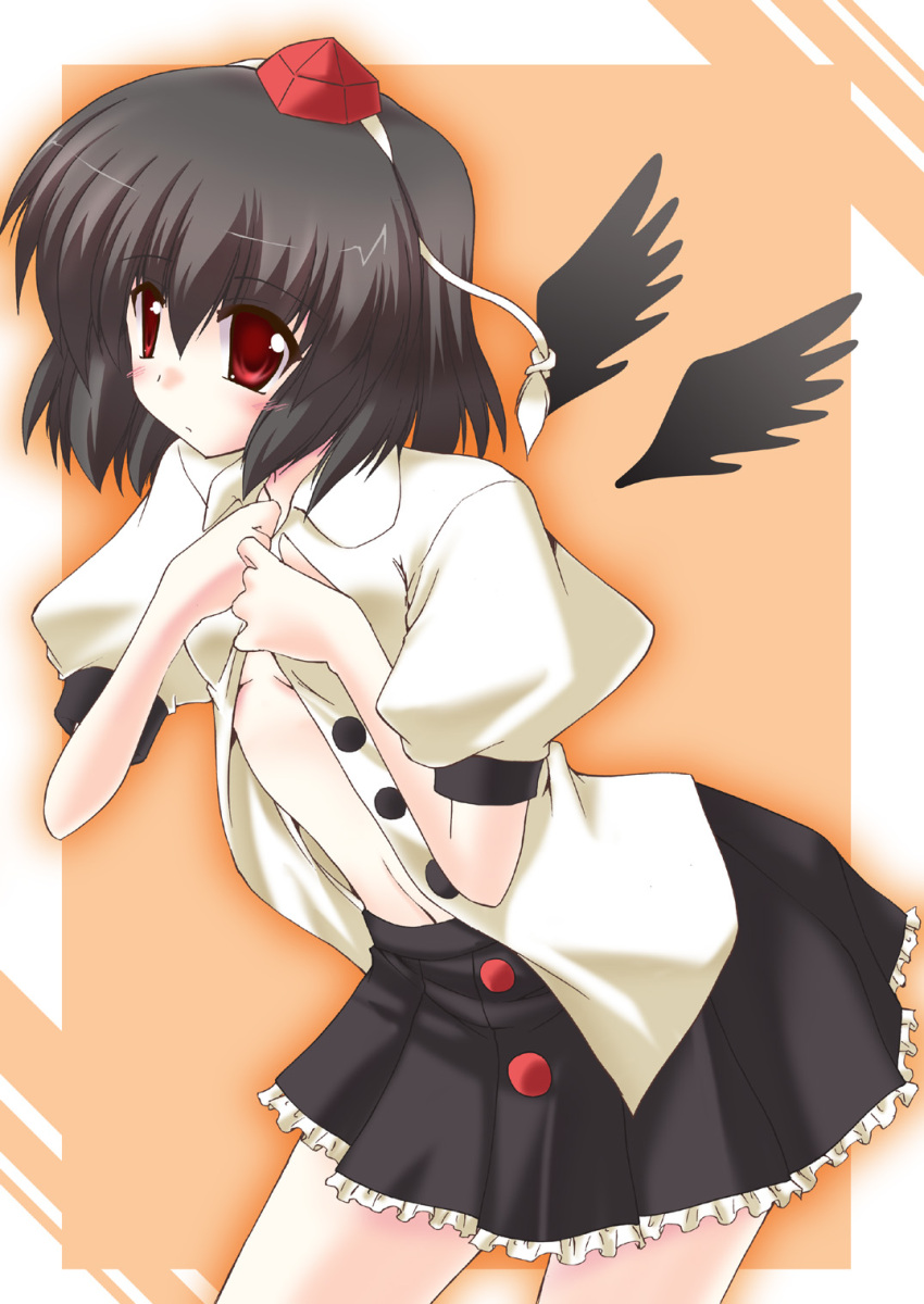 black_hair black_wings commentary_request female gonzaburo hat highres looking_at_viewer shameimaru_aya short_hair skirt solo touhou wings