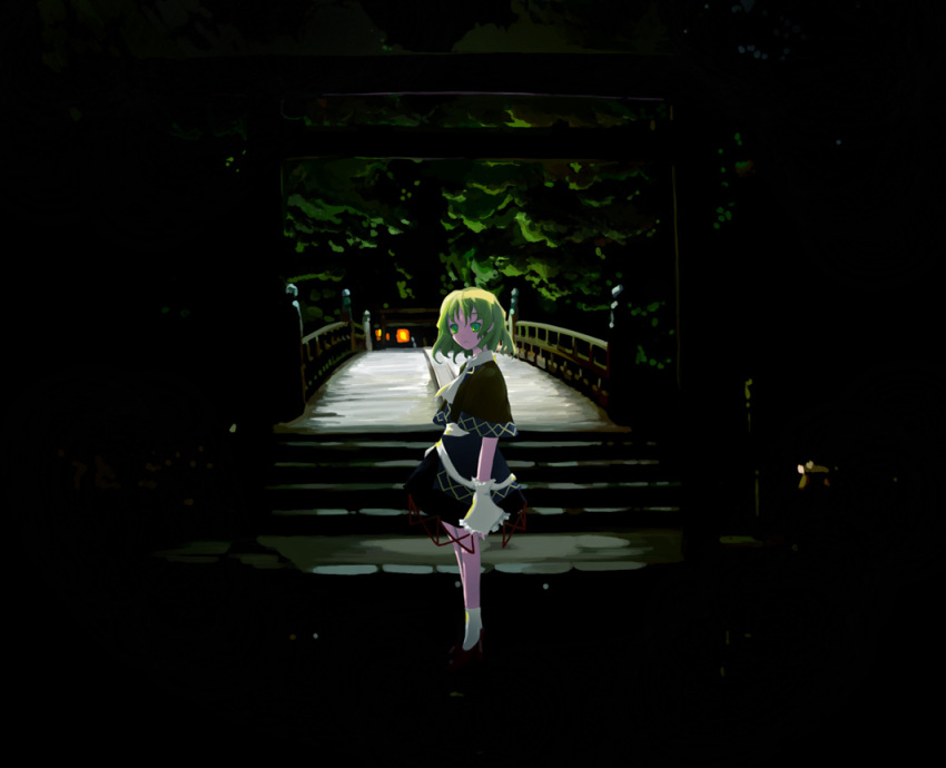 ascot bridge cave dark female green_eyes green_hair lantern looking_at_viewer mizuhashi_parsee short_hair skirt solo takanashi_akihito touhou